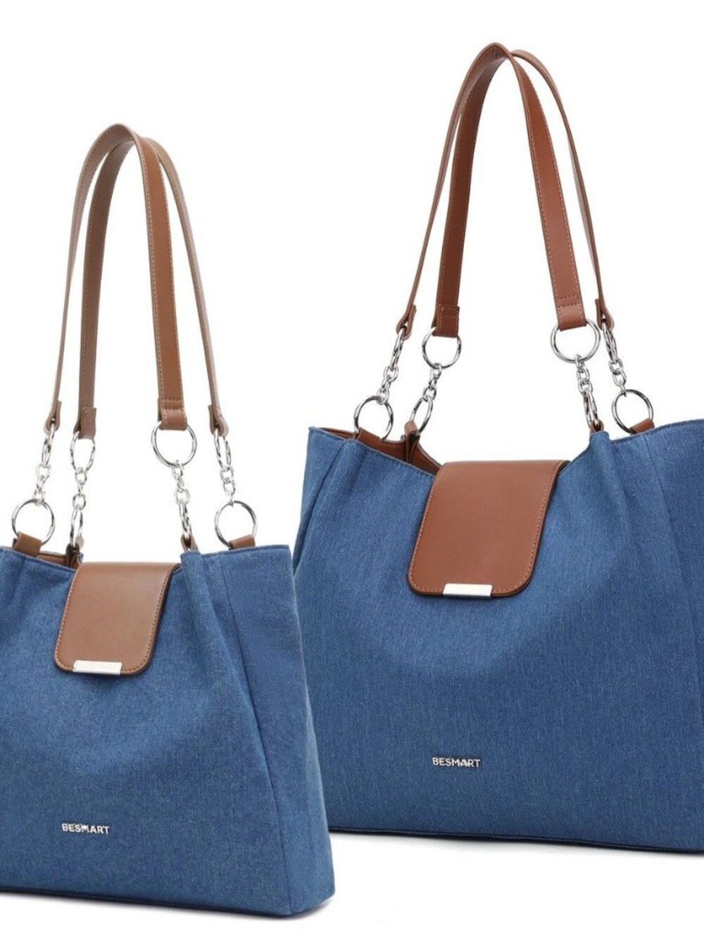 Unique Denim Tote Bag for Women with Circle Chain & Leather Strap